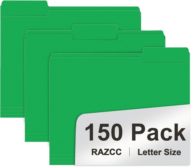 RAZCC File Folder, 150 Pack 1/3 Cut Tab File Folders Letter Size, Creen, Colored Folders with Tab Great for Organizing and Easy File Storage - Image 1